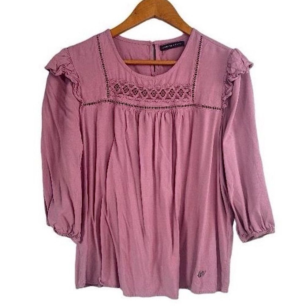 Adrienne Vittadini Blouse Round Neck Boxy Fit Ruffeled Long Sleeve Mauve Pink L